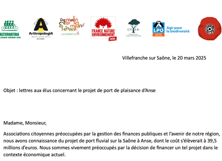 Lettre aux élus - Projet de port de plaisance d’Anse
