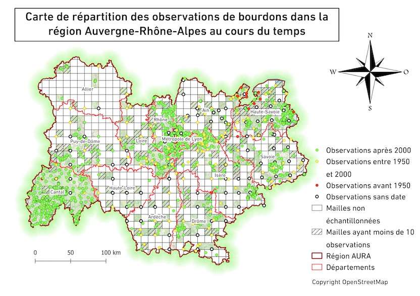 Répartition des observations de bourdons sur la Région AuRA dans le temps, Sarah Pouly, Arthropologia 2022